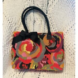 TALBOTS Multi Color Floral Bag With Black Bow Medium Size EUC Pink Satchel Purse